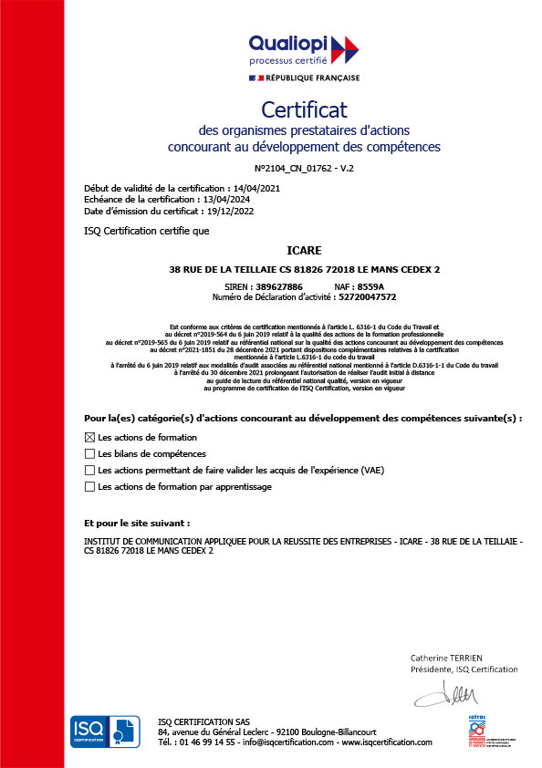 Certification Qualiopi Institut ICARE
